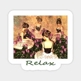 Four ballerinas taking a break among flowers, zen, yoga, buddhism Magnet