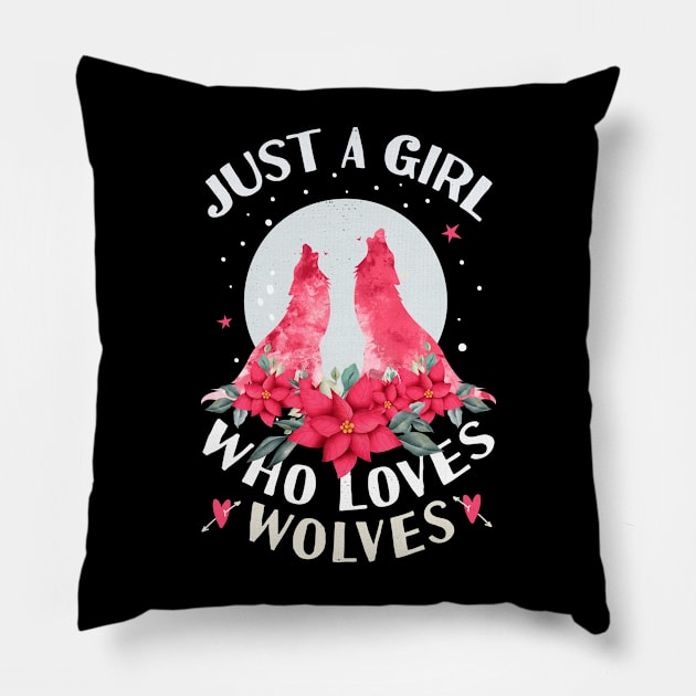 Just a Girl Who Loves Wolves Watercolor Wolf Art Pillow by Tesszero