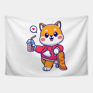 Adorable kitty enjoying boba tea Tapestry