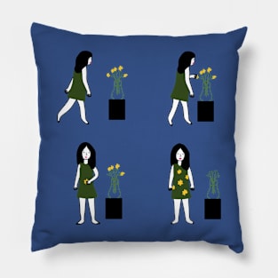 Girl Picking Spring Daisy Flowers Funny Comic Illustration Pillow