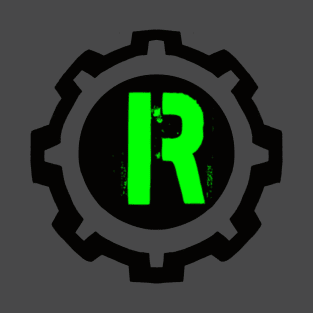 Green Letter R in a Black Industrial Cog T-Shirt