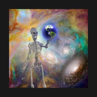 Skeleton holds Earth T-Shirt