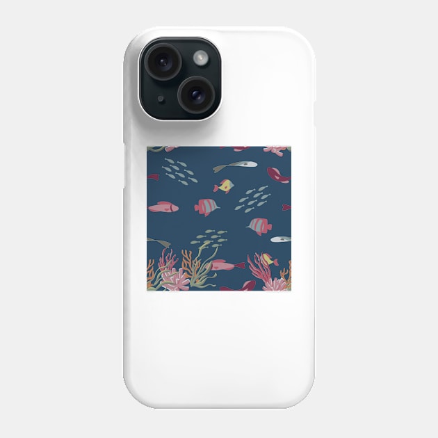 Fish, Coral, and Seaweed on Navy Condensed Phone Case by A2Gretchen