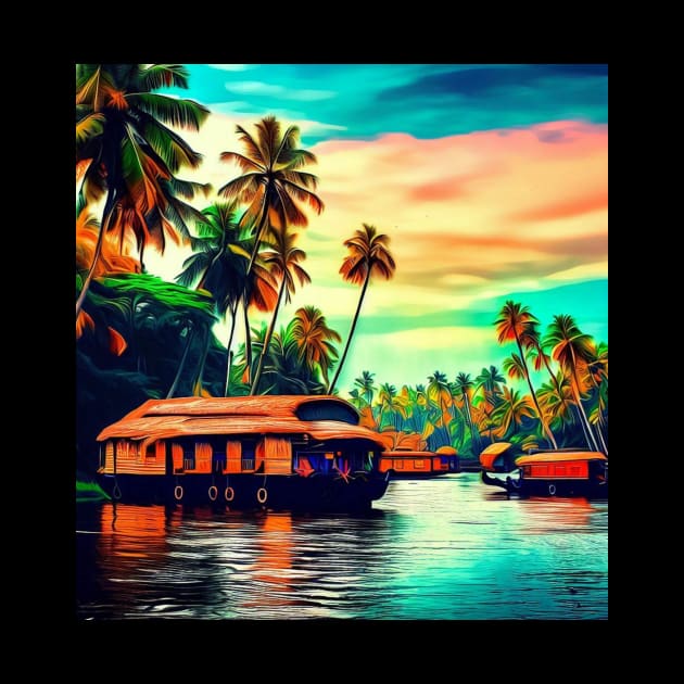 Elegant Kerala natural landscape of coconut trees sunset sky river and houseboat by Mandalasia