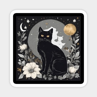 Mystical Black Cat and Moon Floral Magnet