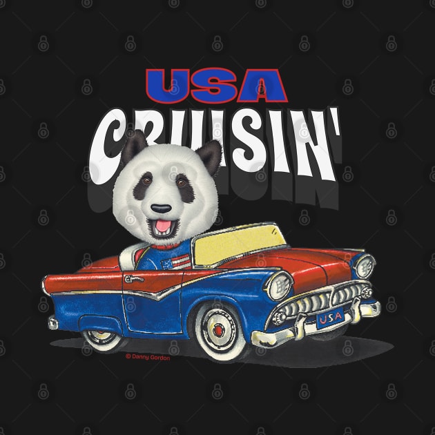 Adorable funny and cute Panda Bear is cruising through the USA while driving a vintage car by Danny Gordon Art