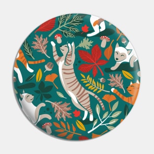 Autumn joy // pattern // pine green background cats dancing with many leaves in fall colors Pin