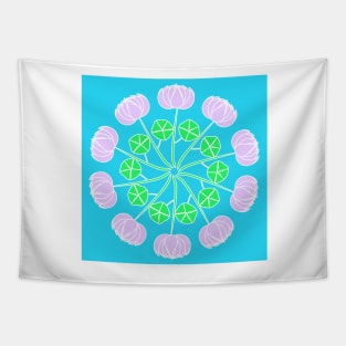 Pink flowers in a circle on blue background Tapestry