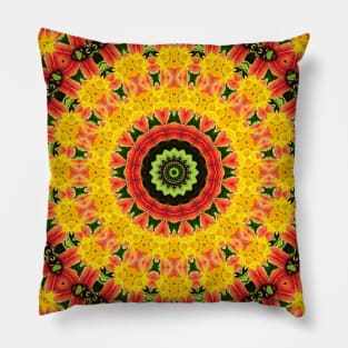 Mandala Kaleidoscope in Shades of Red, Green, and Yellow Pillow