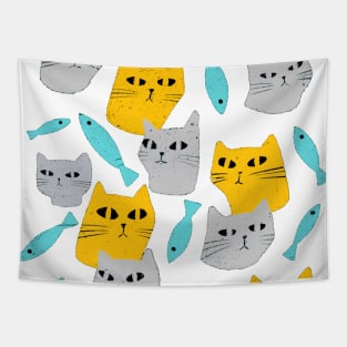 Strange grey and yellow cats with black eyes and blue fish Tapestry