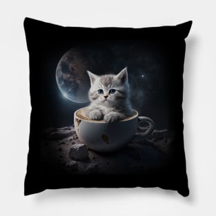 Kitten Cat in the Coffee Mug Space & Galaxy Theme Stars Pillow