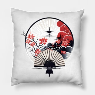 japanese landscape with fan Pillow