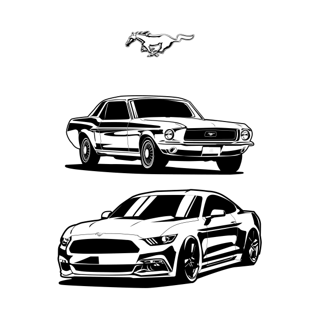 Ford Mustang first generation and latest model pony GT Eco boost 2016 illustration graphics by ASAKDESIGNS