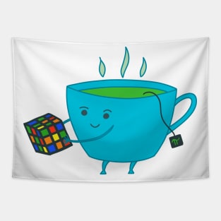 A Cup of Tea Solves Everything - cute blue tea cup with Rubik cube Tapestry