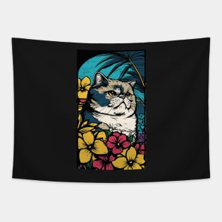 Exotic Shorthair Cat Vibrant Tropical Flower Tall Retro Vintage Digital Pop Art Portrait Tapestry