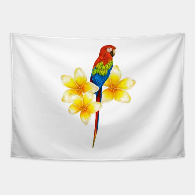 parrot sitting on a branch with tropical flowers Tapestry by lisenok