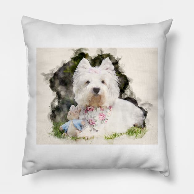 Watercolour westie Pillow by princess-pirate