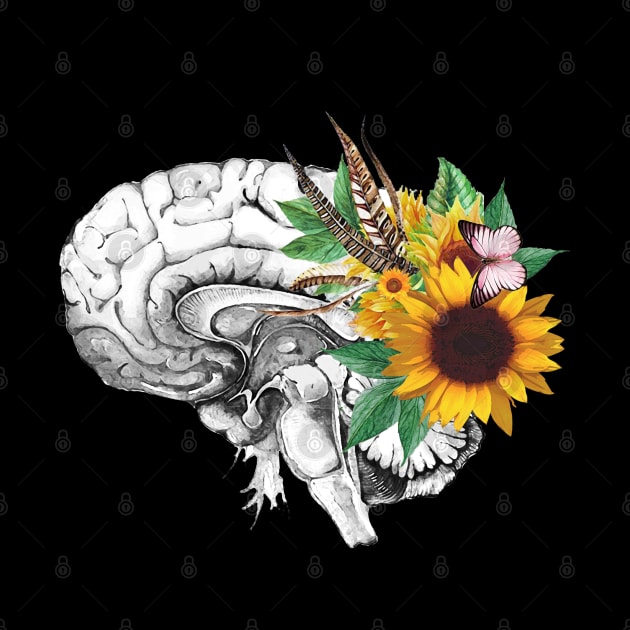 Brain human anatomy,floral sunflowers feathers, mental, watercolor by Collagedream