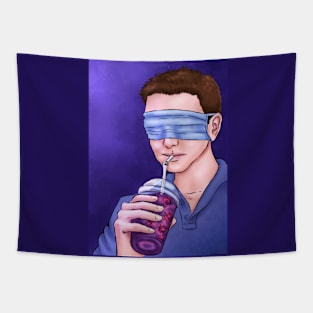 Man blindfolded drinking coronavirus smoothie Tapestry