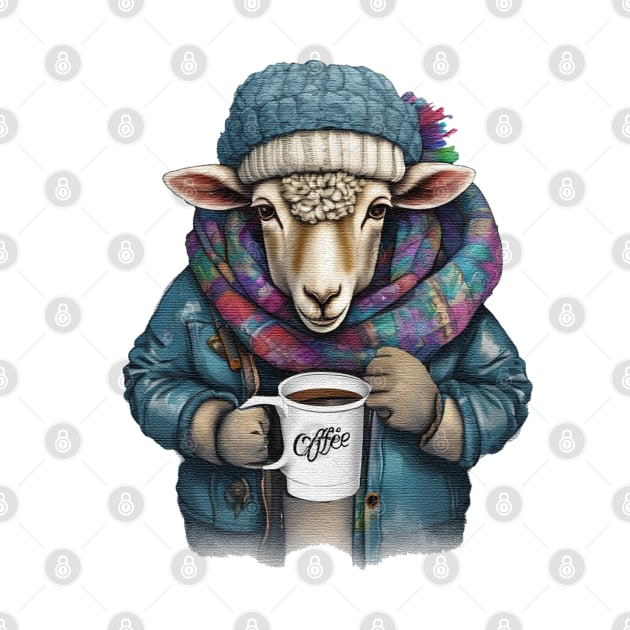 Sheep wearing a jacket holding a cup coffee by JnS Merch Store