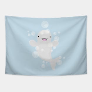 Cute beluga whale bubbles cartoon illustration Tapestry