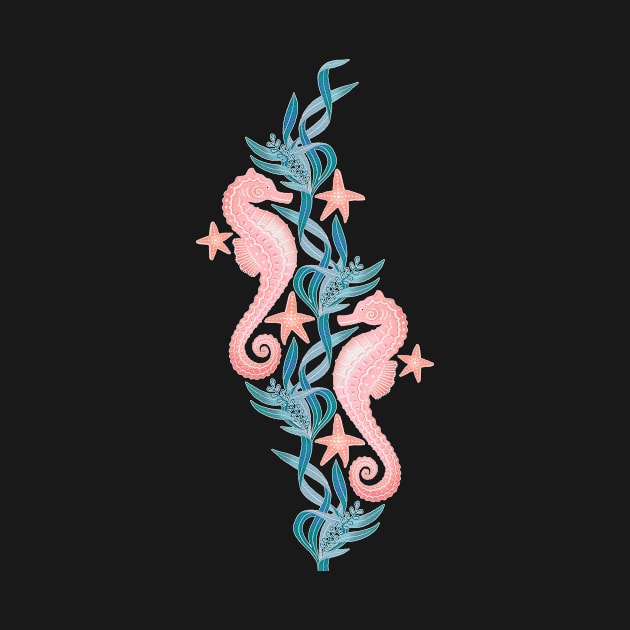 Pastel Pink Seahorse and Starfish with Blue Seaweed by micklyn