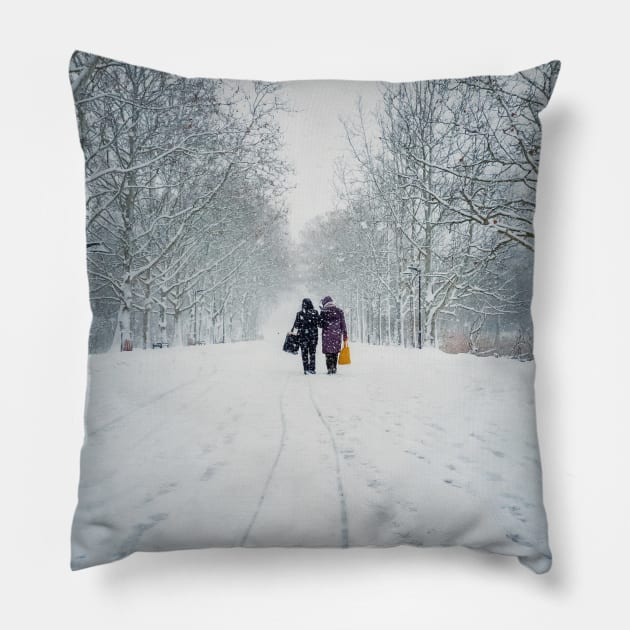 women walks the snowy street Pillow by psychoshadow
