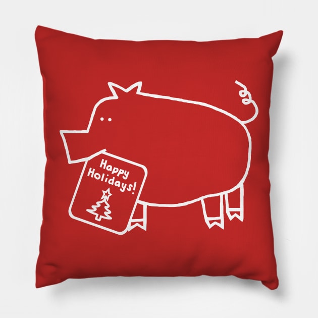 Minimalist White Line Cute Christmas Pig says Happy Holidays Pillow by ellenhenryart