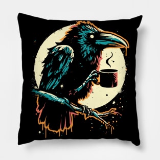 Crow Drinking Coffee Pillow