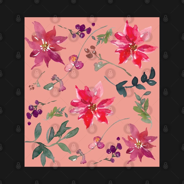 Red, Purple, pink and Green Watercolour Flower Leaves by PlusAdore