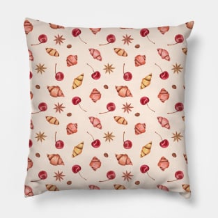 Croissants and cherries pattern on beige Pillow