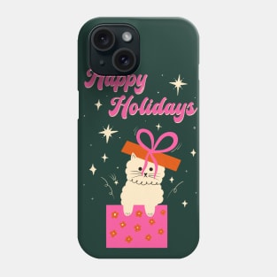 Happy Holidays! Cute white cat with bow illustration. Xmas art gift idea Phone Case