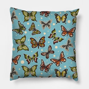 Spring Butterflies on Blue Pattern Pillow