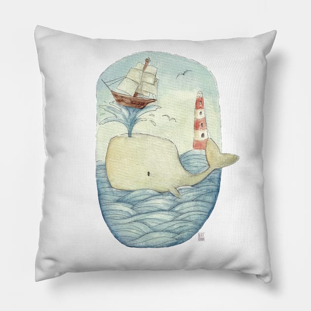 Cute Whale in the Sea Pillow by mikekoubou