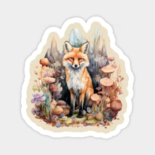 Fox, Crystals, and Mushrooms Fantasy Watercolor Magnet