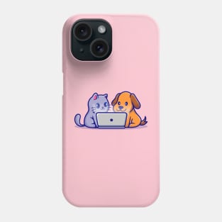 Cute Dog And Cute Cat Watching Together On Laptop Cartoon Phone Case