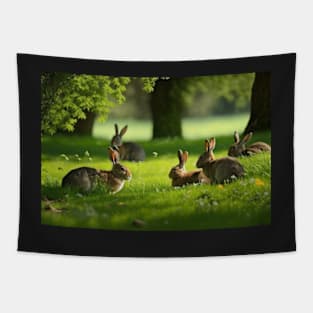 Meadow with rabbits landscape Tapestry