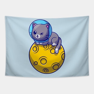 Cute Astronaut Cat Sitting On Moon Cartoon Tapestry