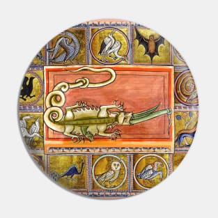 MEDIEVAL BESTIARY,CROCODILE EATING SEA SERPENT, MYTHICAL ANIMALS IN GOLD PINK BLUE COLORS Pin