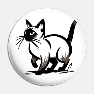 Stick figure Siamese cat in black ink Pin