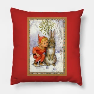 Elf and Rabbit Under Mistletoe Christmas - Margaret Tarrant Pillow