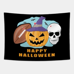 Happy Football Halloween - Spooky Skull and Pumpkin Tapestry