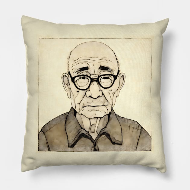 Portrait of old asian man in eyeglasses Pillow by KOTYA