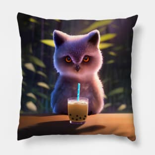 Baby Owl with boba bubble tea Pillow