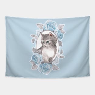 Kitten with blue roses Tapestry