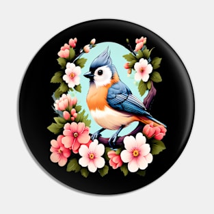 Cute Tufted Titmouse Surrounded by Vibrant Spring Flowers Pin