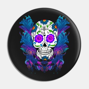 Blue Purple Floral Sugar Skull Day Of The Dead Pin