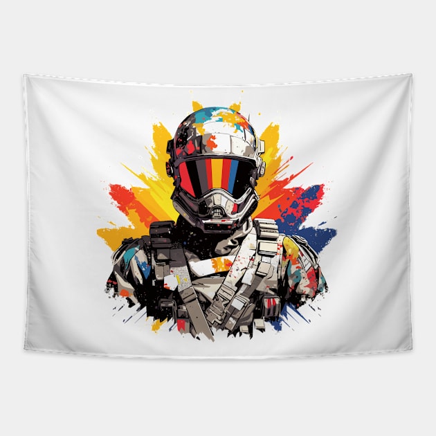 Man With Helmet Video Game Character Futuristic Warrior Portrait  Abstract Tapestry by Cubebox