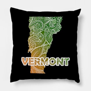 Colorful mandala art map of Vermont with text in green and orange Pillow