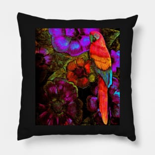 CORAL AND MAGENTA  TROPICAL PARROT DRAWING ART COLLAGE POSTER Pillow